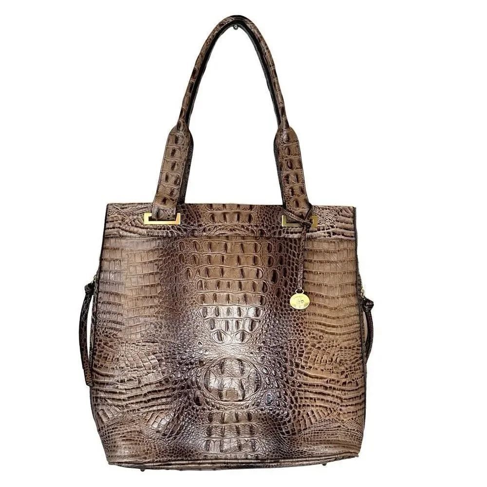 Brahmin Istana Mocha Madison Ave Melbourbe Croc Embossed Top Zip Leather Tote Sh